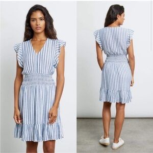 Rails Tara Striped Blue White Ruffle Linen Smocked Tiered Mini Dress Large Women